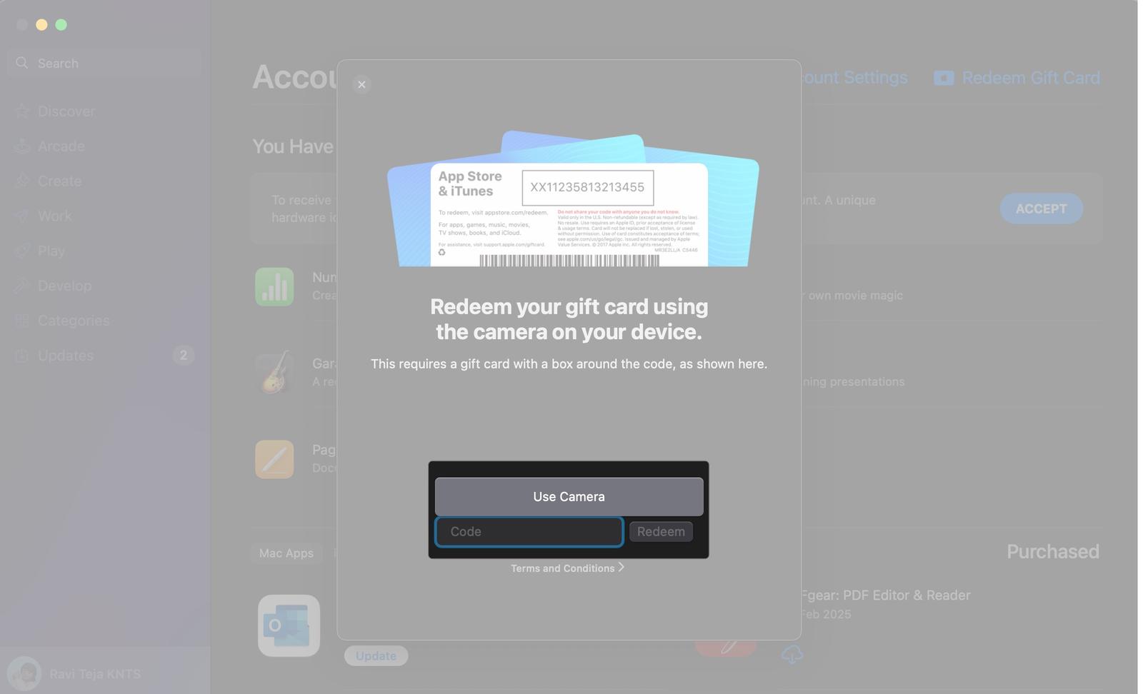 Entering the Apple Gift Card code and redeeming it in Mac App Store.