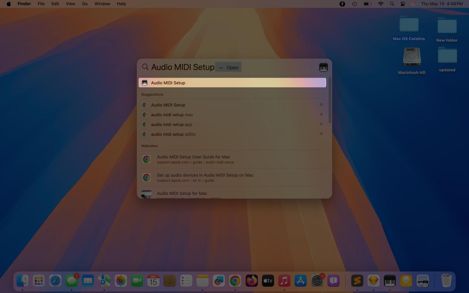 Looking up the Audio MIDI Setup app via Spotlight Search on a Mac.