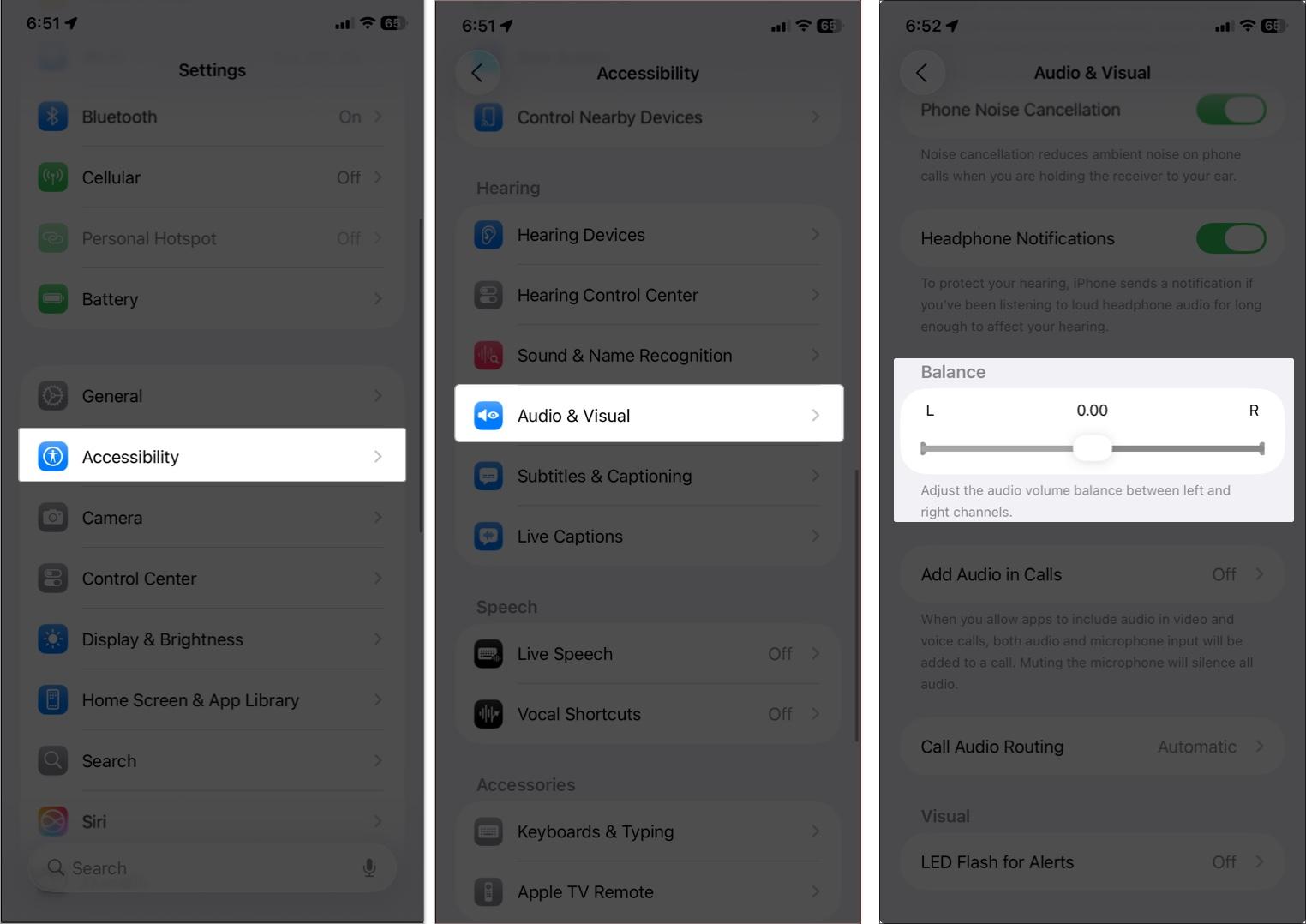 Access accessibility in settings and balance slider in audio and visual of AirPods