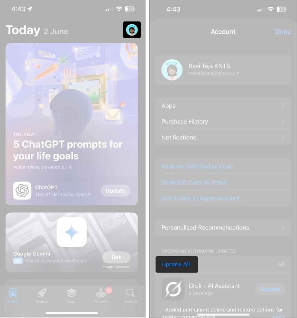 Access App Store and tap on Profile to update all Apps on iPhone