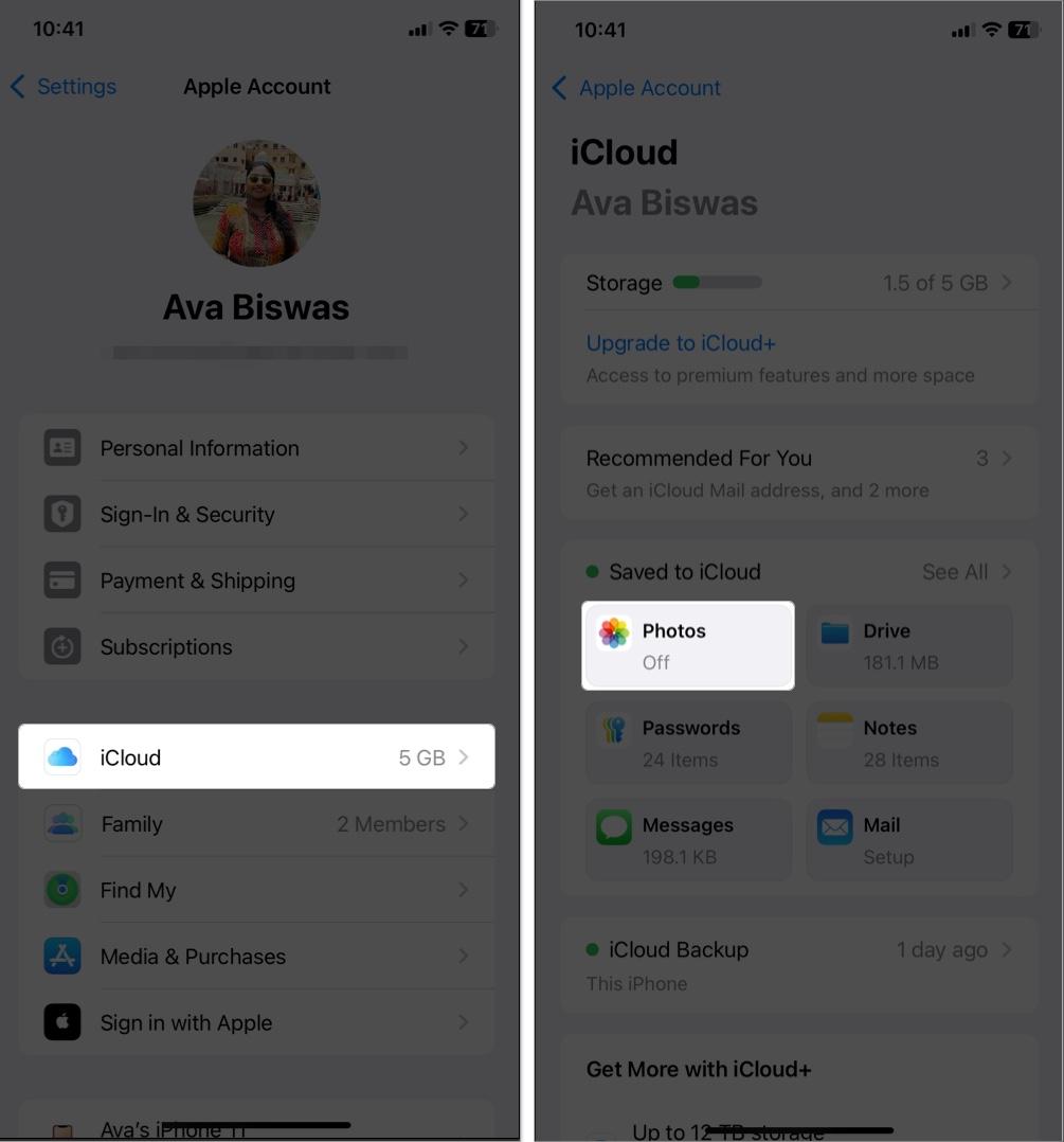 Access Apple account in setting and tap iCloud photos for sync issue in iPhone