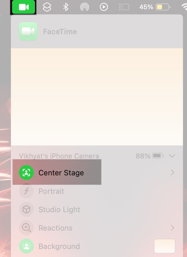 Access camcorder on FaceTime and select center Stage option on Mac