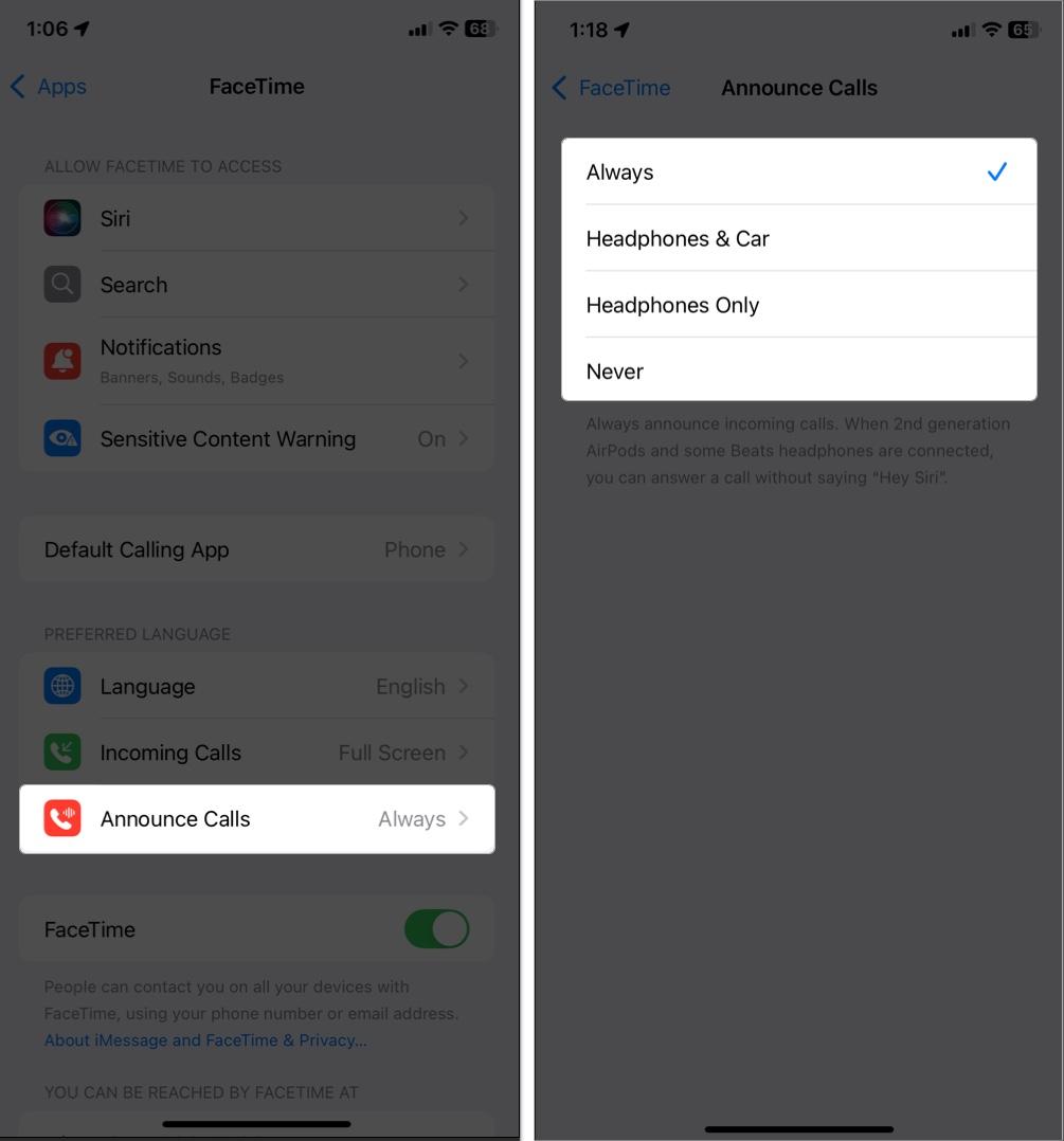 Access FaceTime setting and tap Announce calls in iPhone