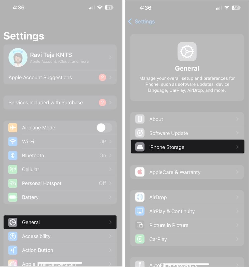 Access General setting and tap on iPhone storage to free up storage