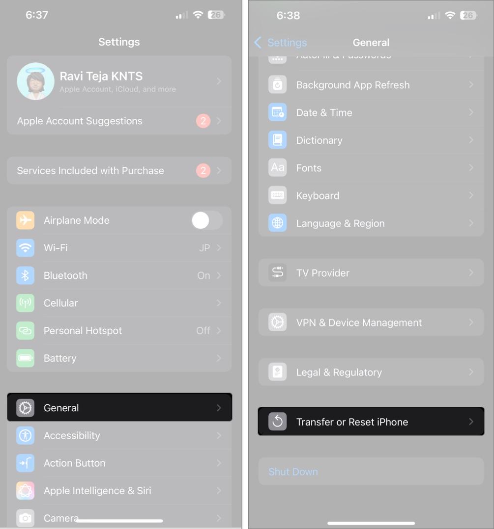 Access General setting and tap Transfer or Reset iPhone