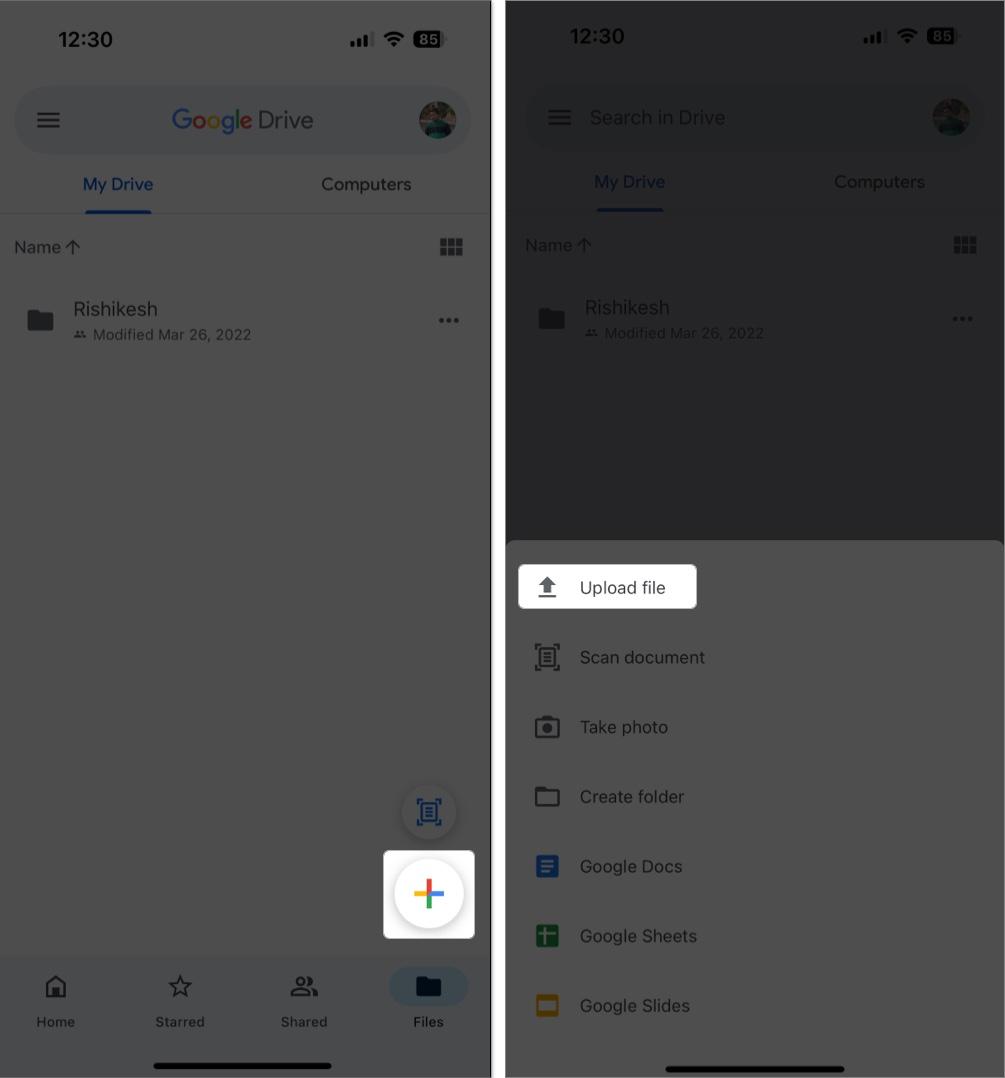 access Google drive and tap upload file on iPhone