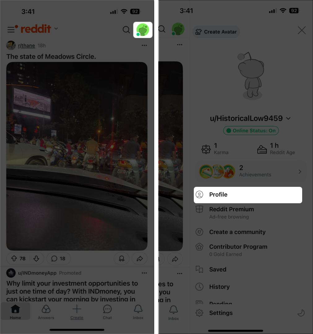 Access profile in reddit on iPhone