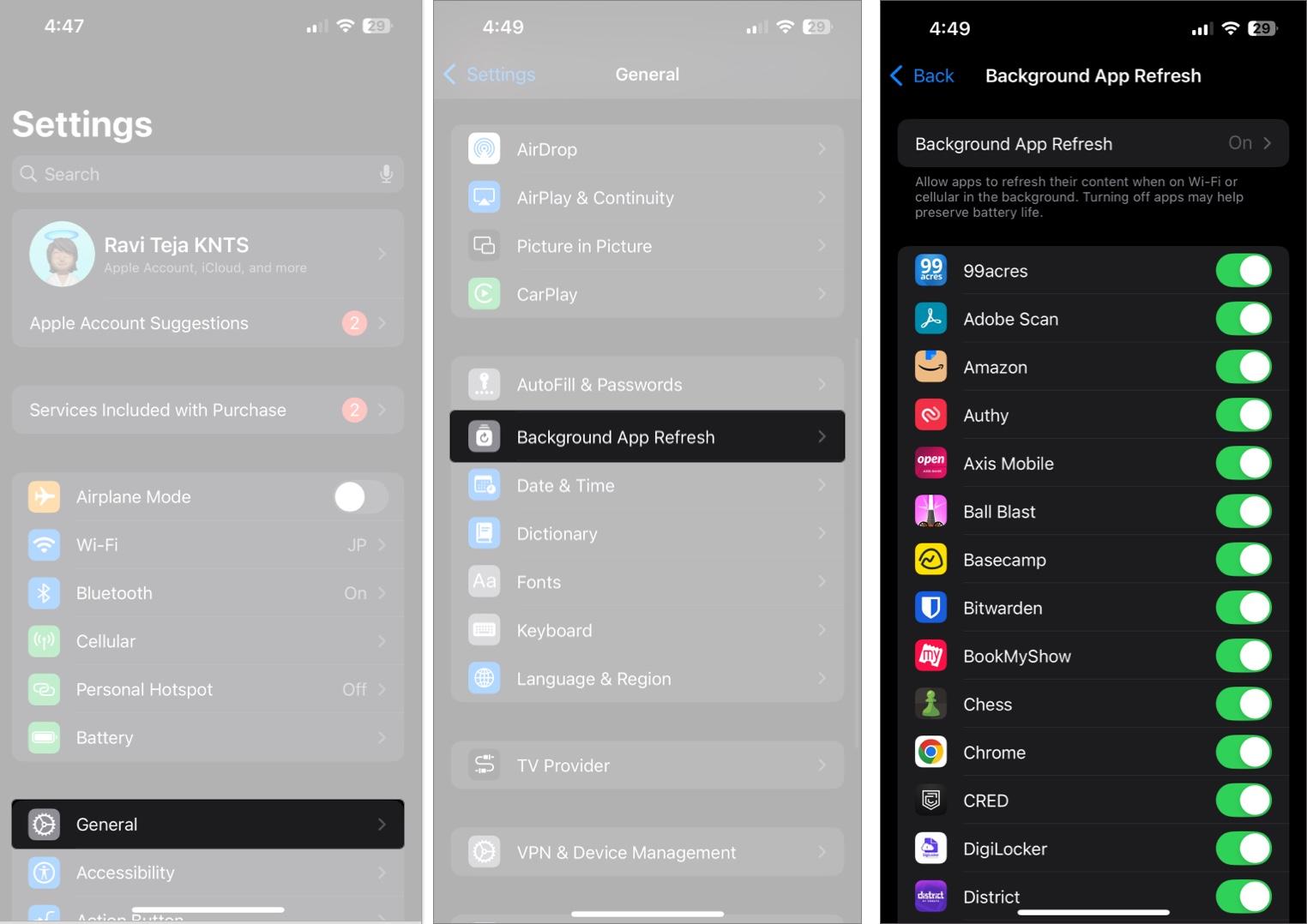 Access setting and Disable background App refresh on iPhone