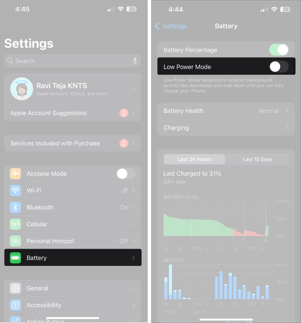 Access setting and tap on battery to Turn Off low power mode on iPhone