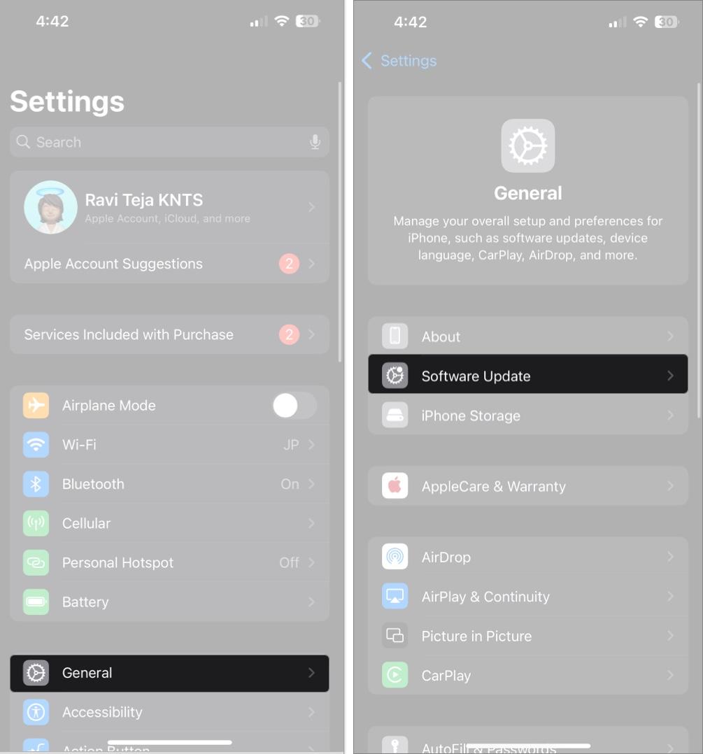 Access setting and tap on General then software update on iPhone
