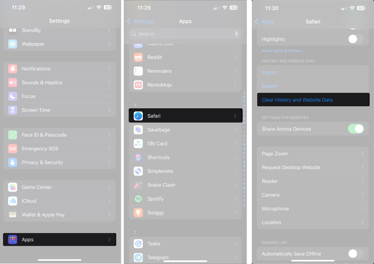 Access setting then Apps and tap Safari to clear history and website data on iPhone