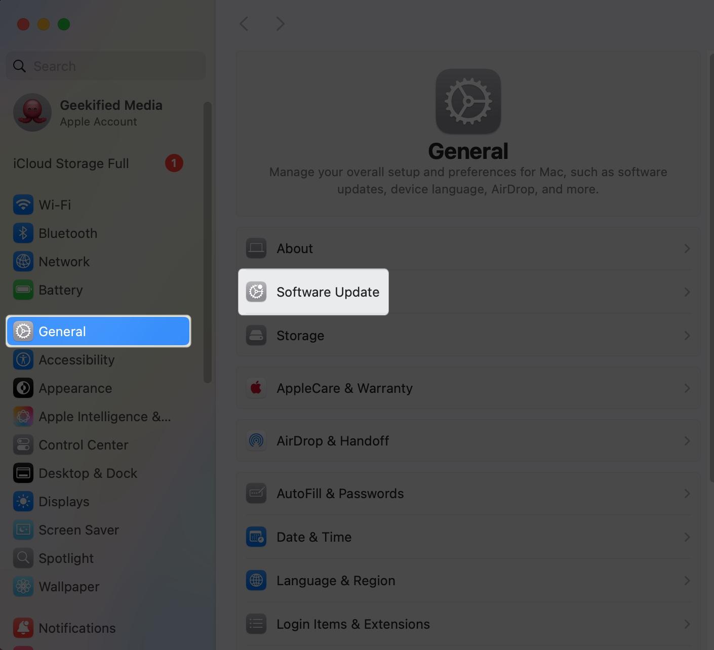 Access settings and click General then software update on Mac