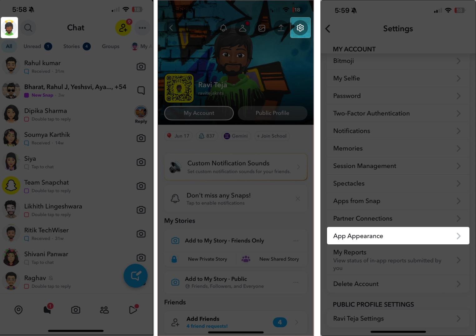 Access snapchat and go to setting and tap on app appearance in iPhone