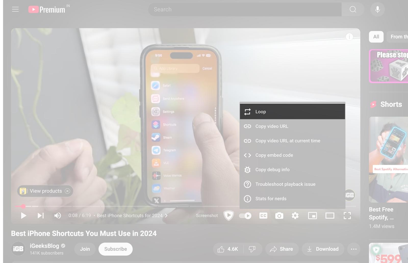 Access youtube and right click on video to find loop on Mac