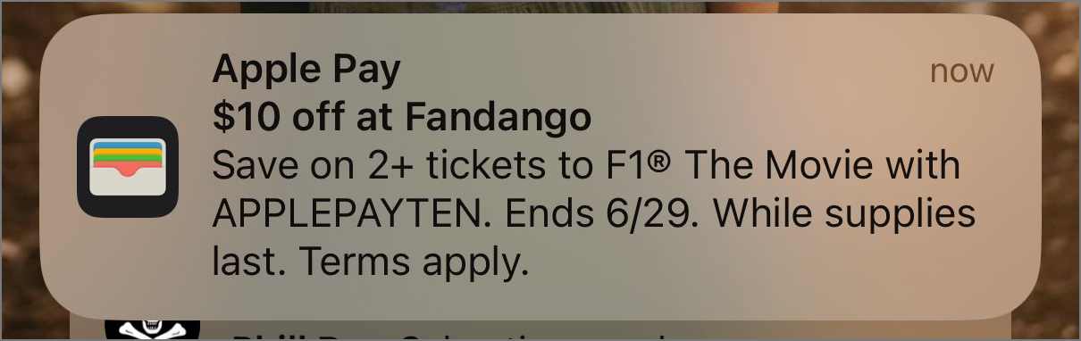 Apple Wallet F1 Movie Ad Notification.
