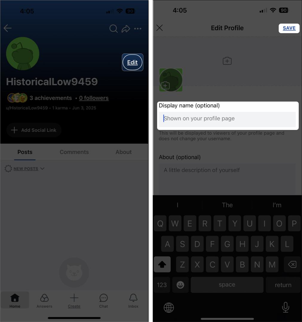 Change display name in reddit on iPhone