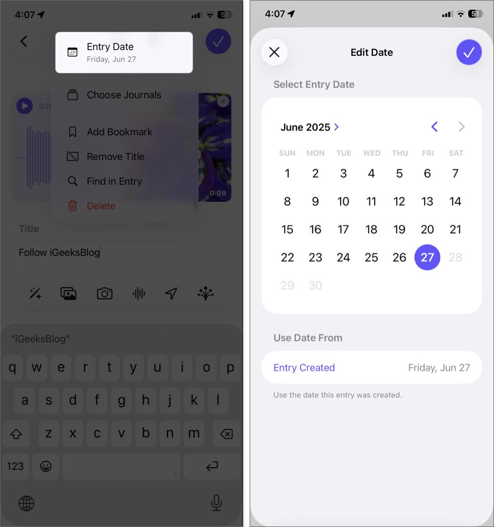 Change entries date on iPhone