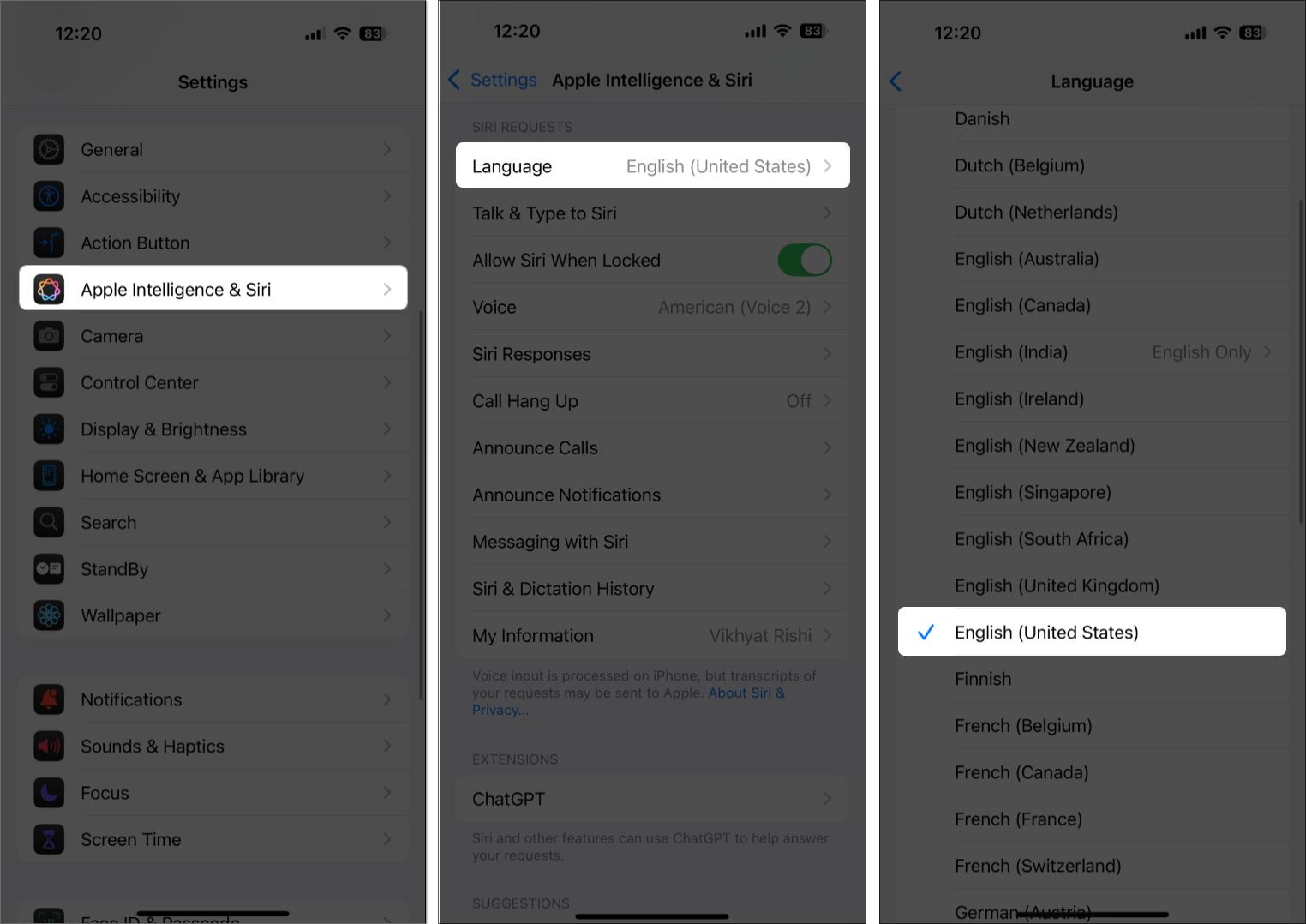 Change Siri language on iPhone settings