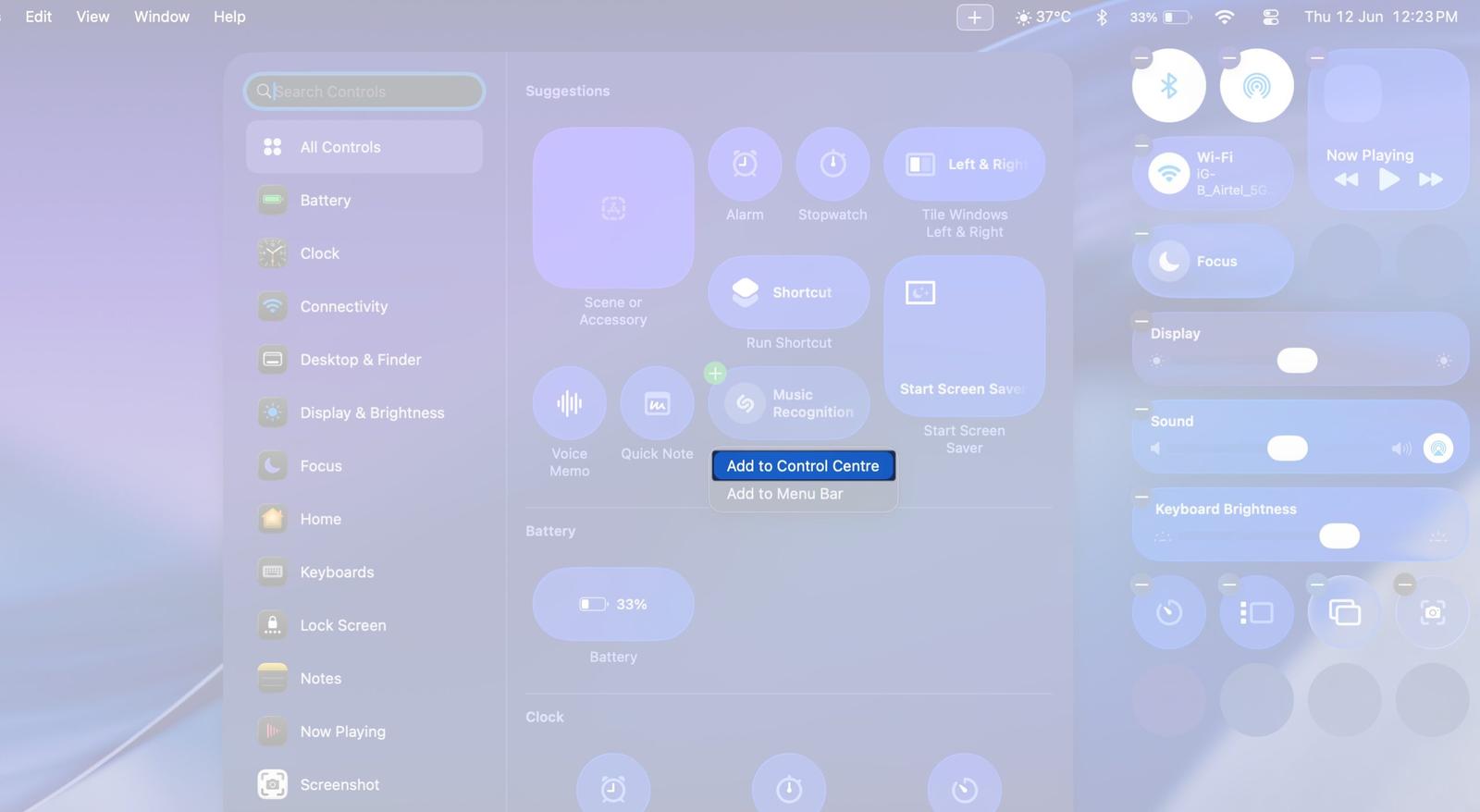 Choose control and add to control center on MacOS 26