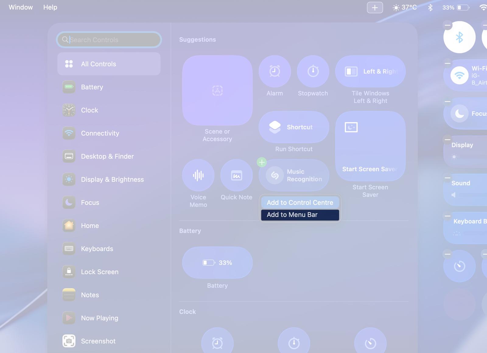 Choose the control and add to menu bar on MacOS 26