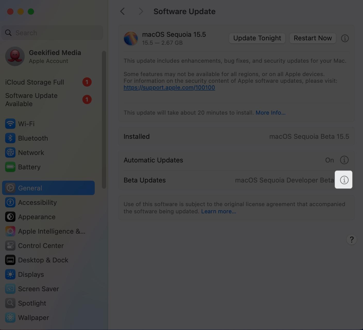 Click i button next to beta updates on Mac