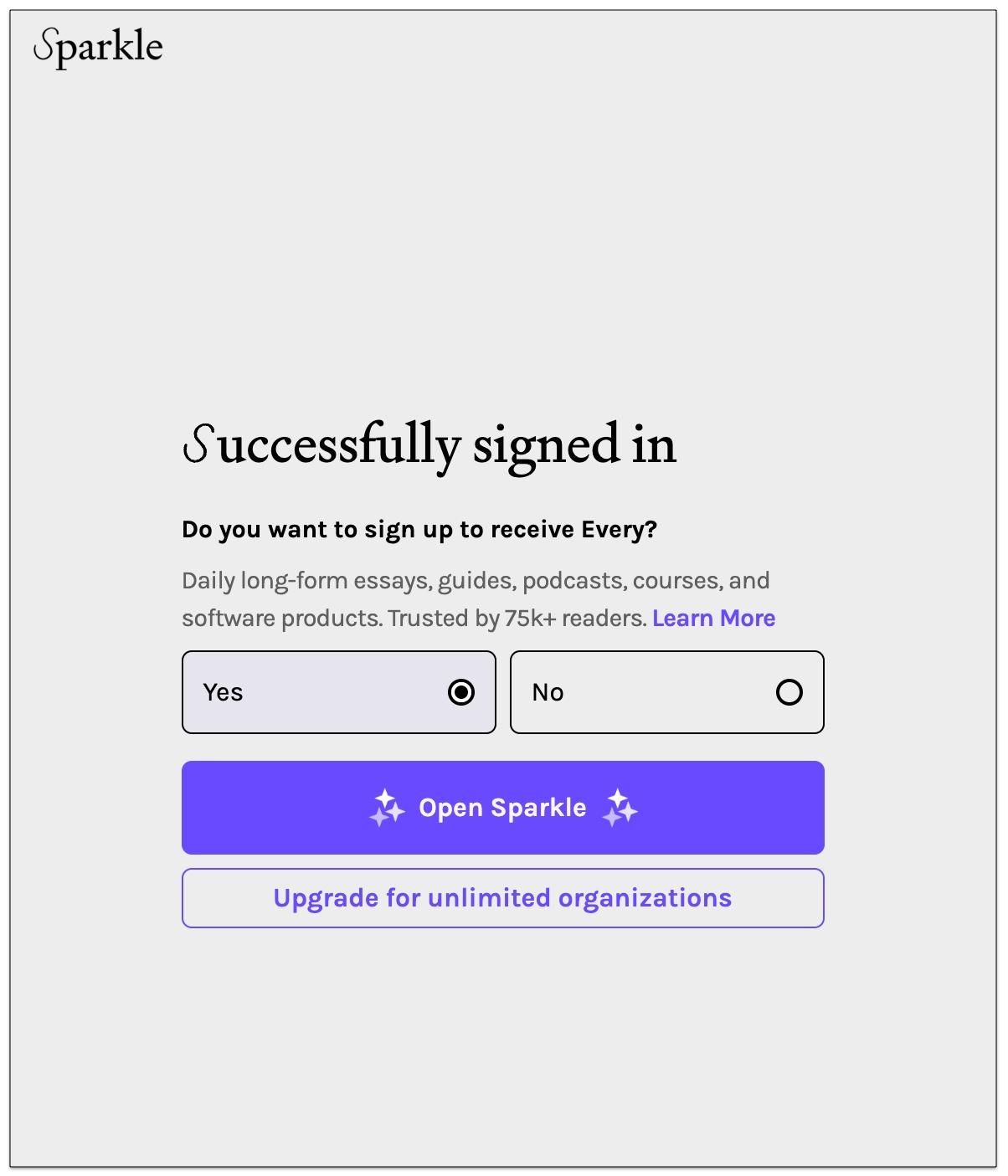 Click open Sparkle after sign up in Mac