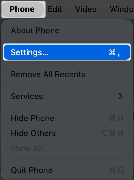 Click phone at top menu bar and select settings on macOS 26