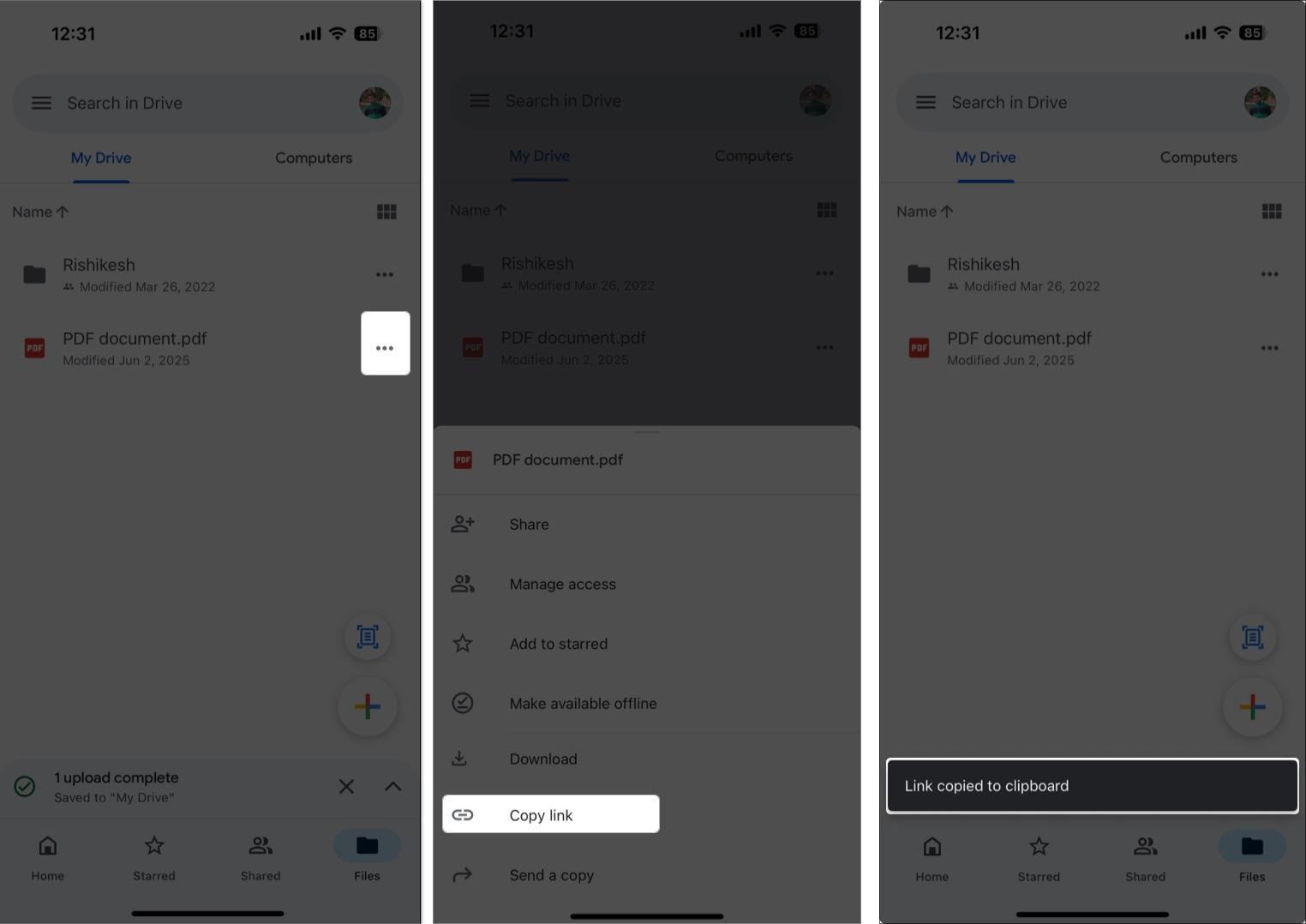 Click the three dot and select copy link to share via Messaging App