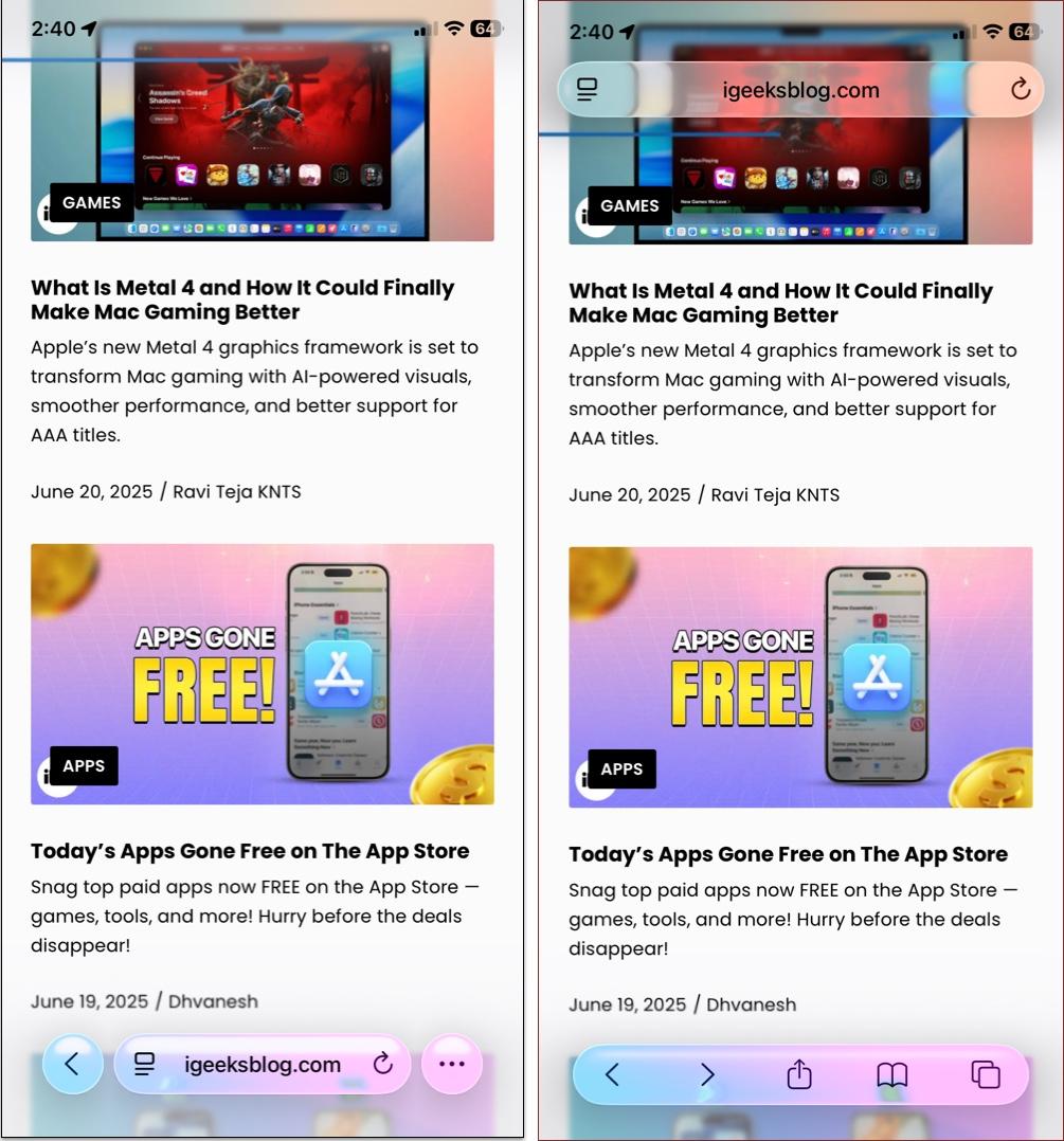 Compact layout style on safari in iOS 26