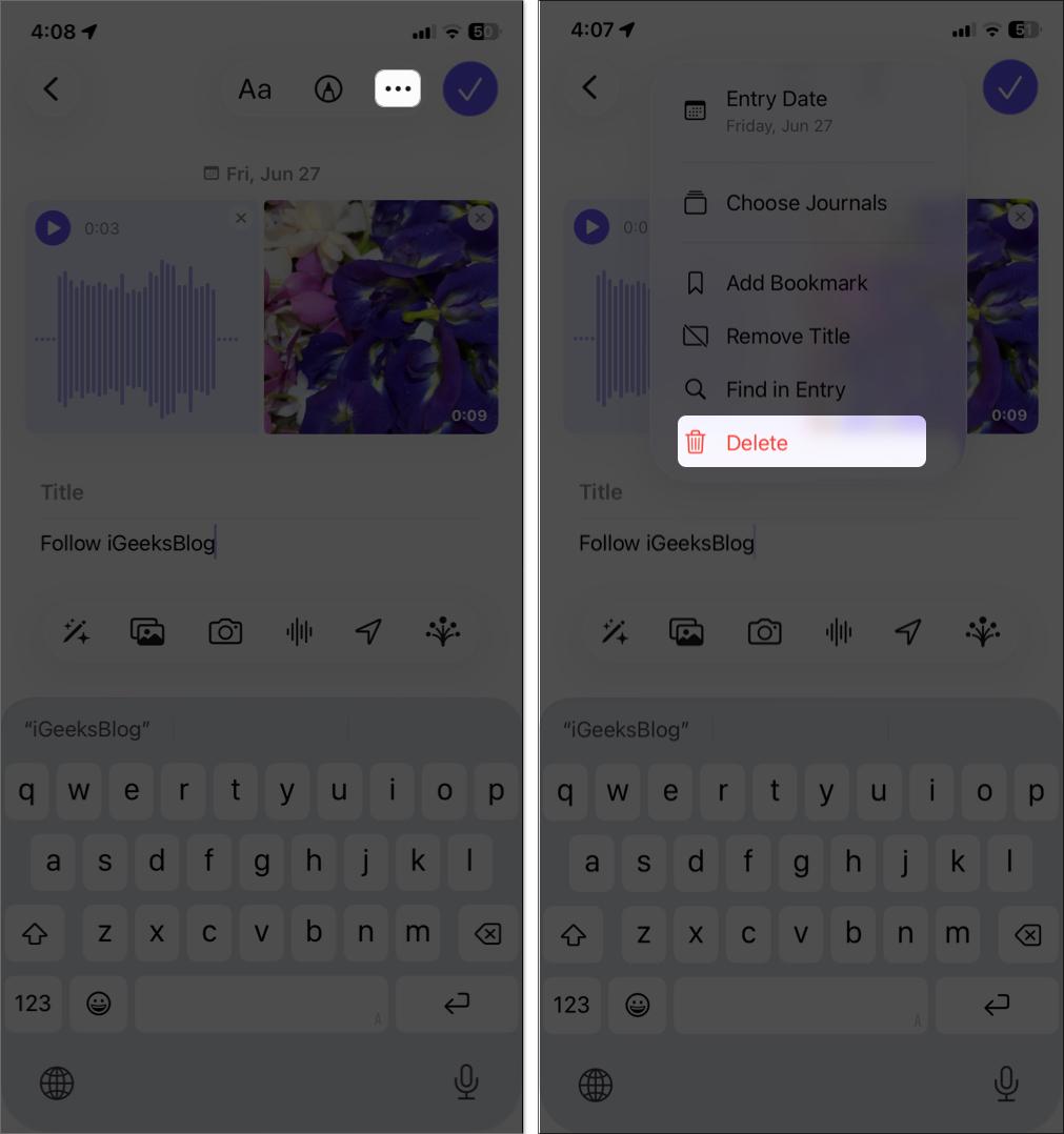 Delete journal enteries on iPhone