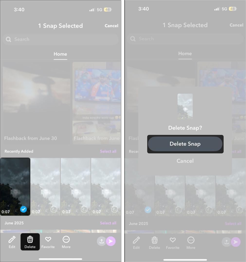 Delete saved snap on Snapchat