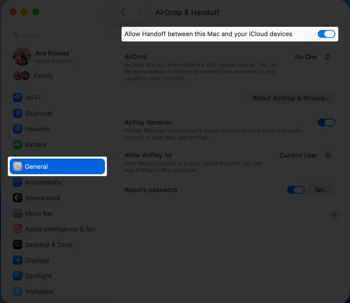 Enable airdrop and handoff option from system settings on Mac