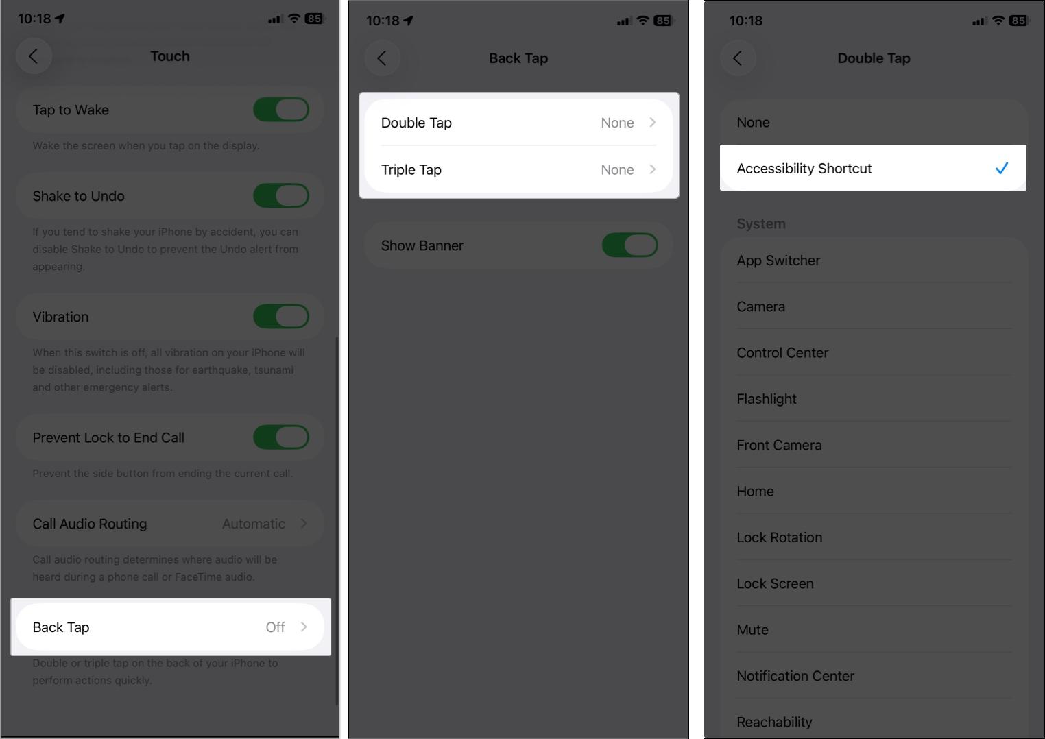 Enable back tap accessibility shortcut in iPhone or iPad