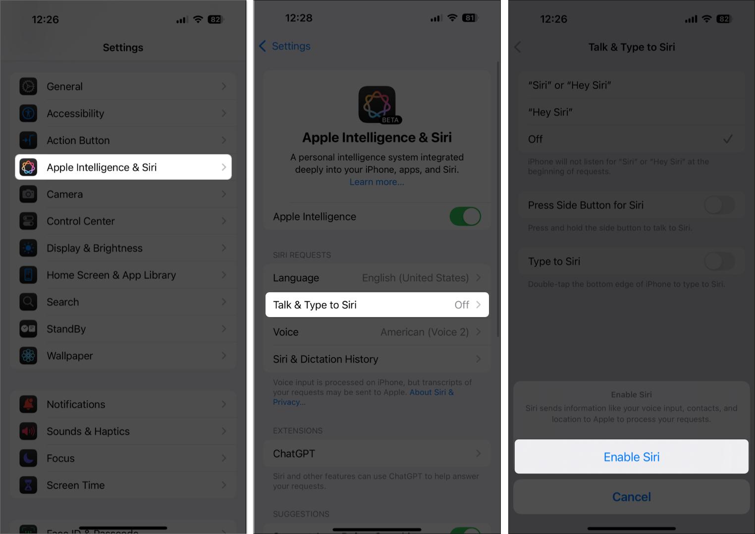 Enabling Siri from the iPhone settings