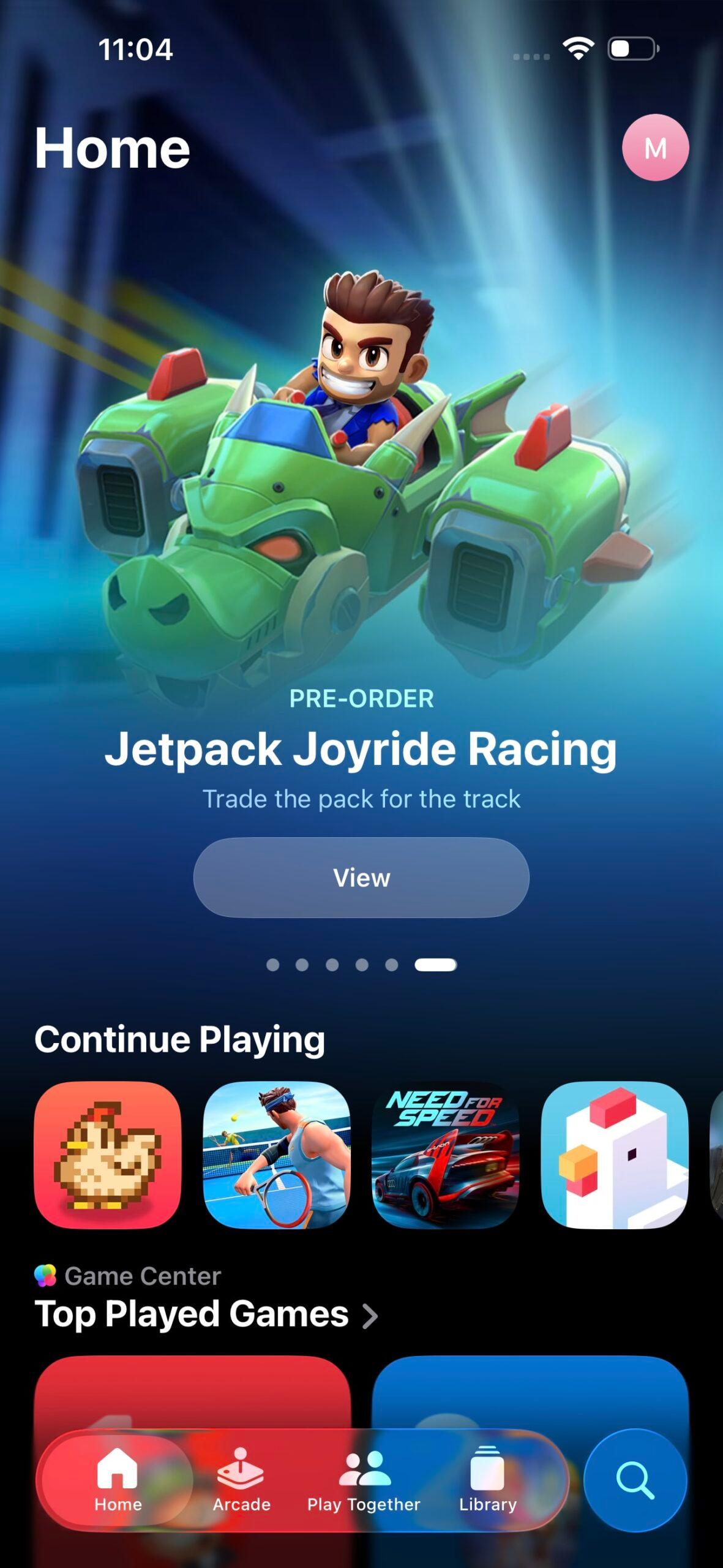 Home tab in games app on iOS 26