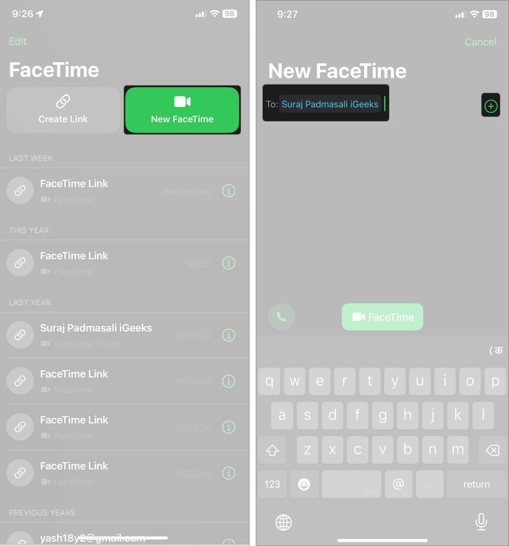 Initiate FaceTime call in iPhone