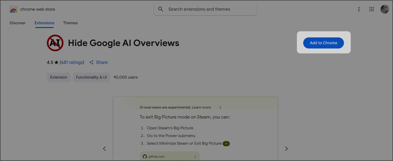 Install Hide Google AI Overviews Chrome extension