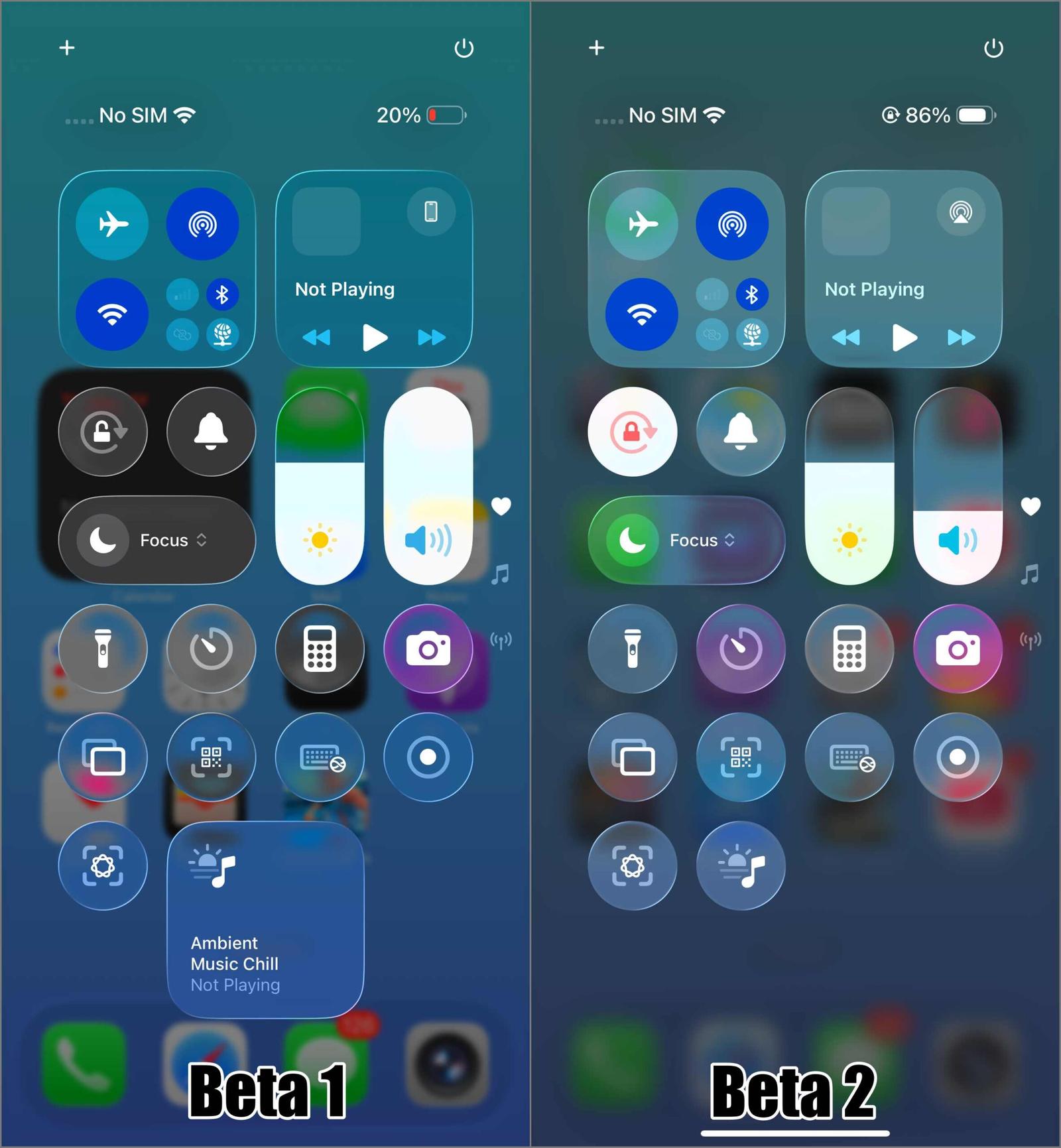 iOS 26 beta 1 and beta 2 Control Center comparision
