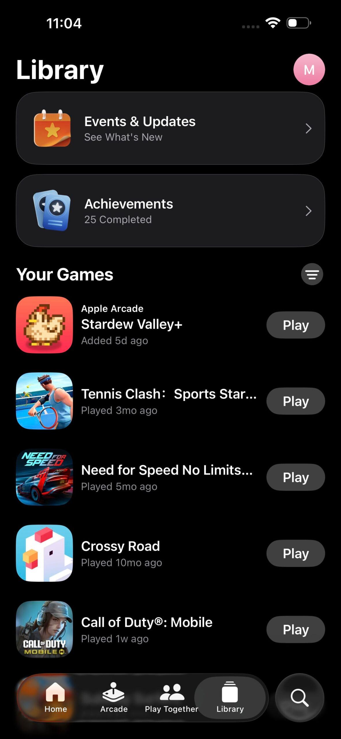 Library tab in games app on iOS 26