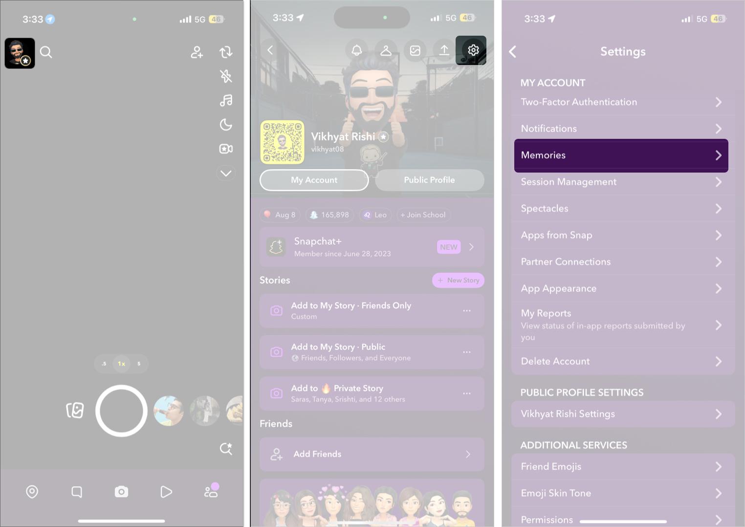 Locate memories option in the Snapchat settings on iPhone