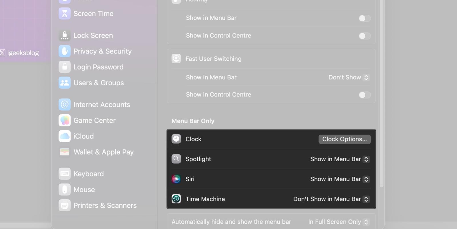 Menu bar only section on control center in MacOS 15