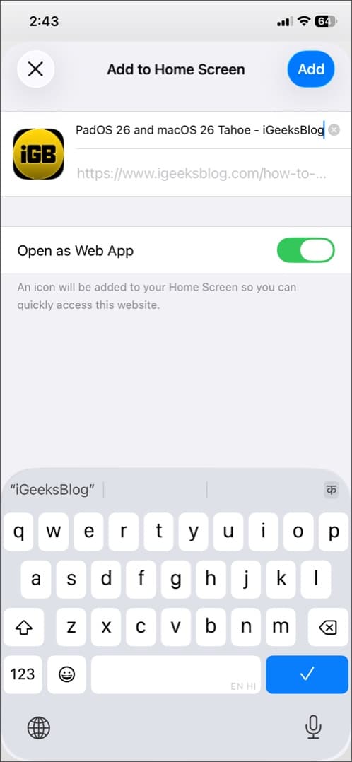 Open as web app on safari in iOS 26