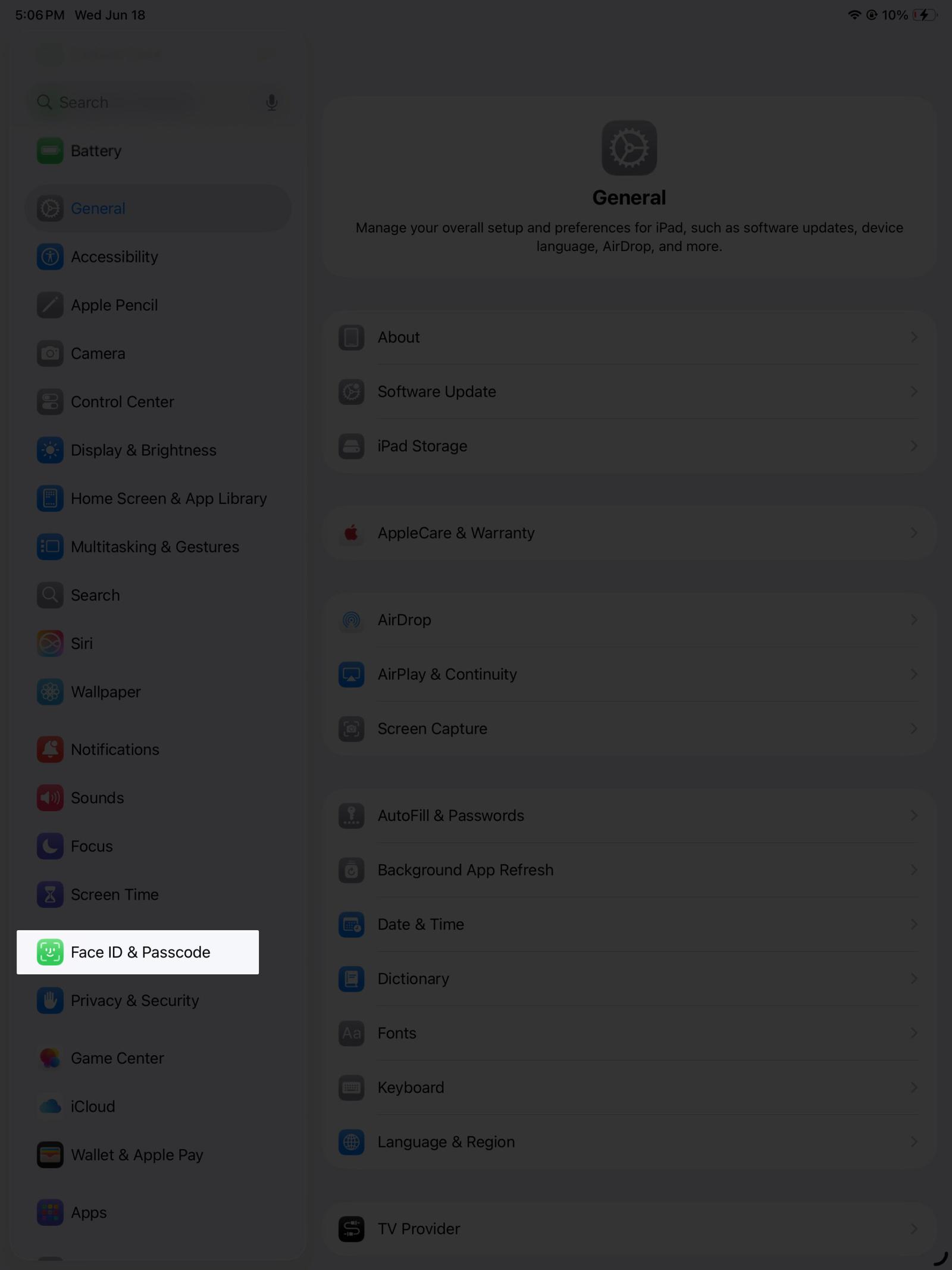 open face id and passcodefrom settings on ipad