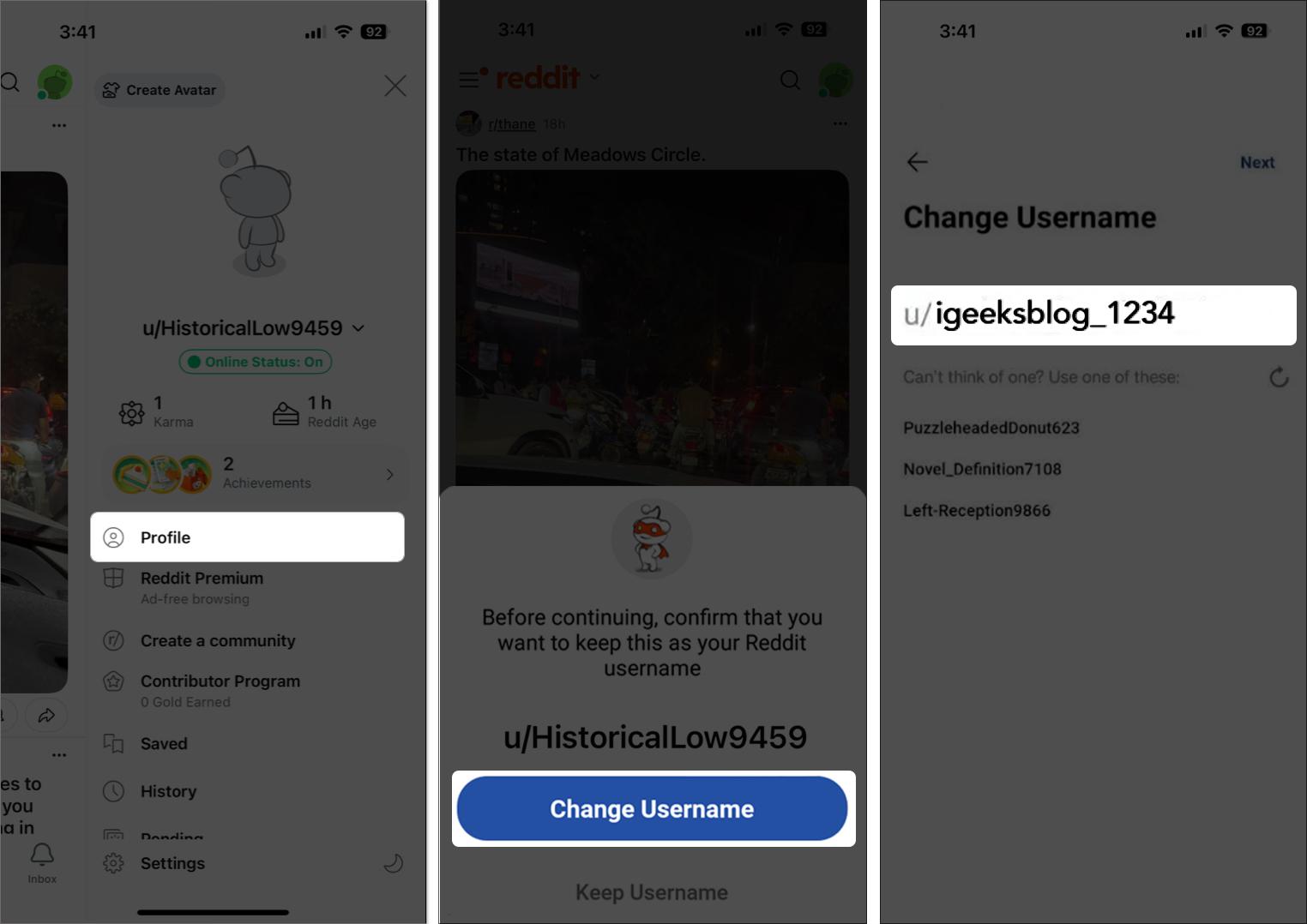 Open profile and add username in Reddit profile on iPhone