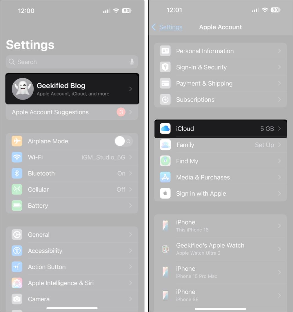 Open setting and access iCloud settings on iPhone