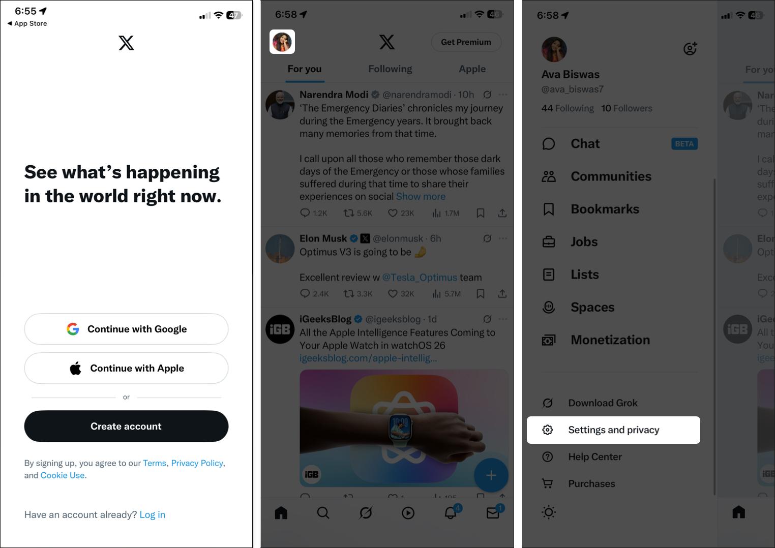 Open X app and access settings and privacy option