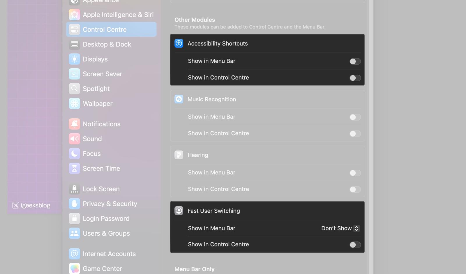 Other modules in control center on MacOS 15
