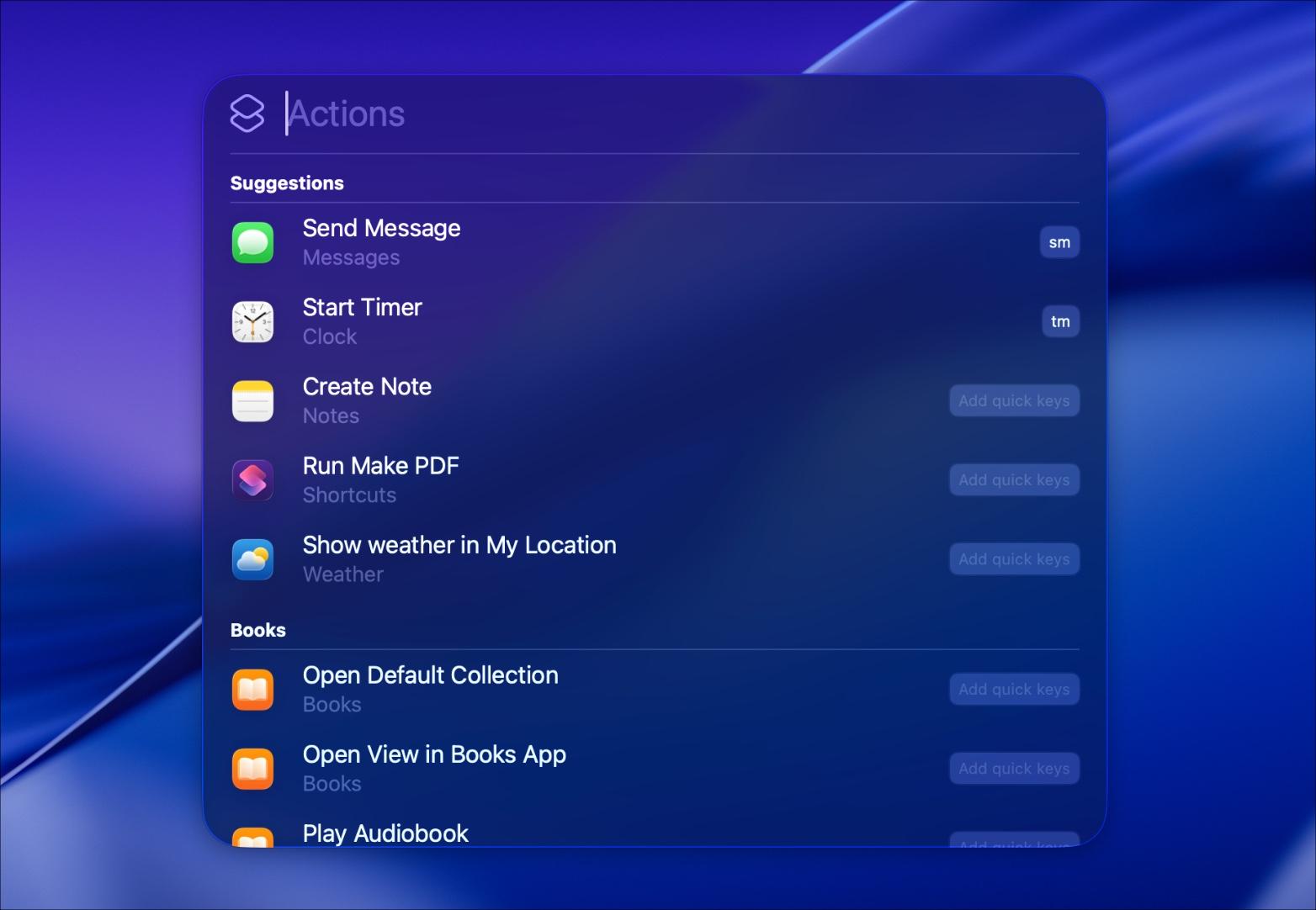 Quick keys in spotlight on macOS 26