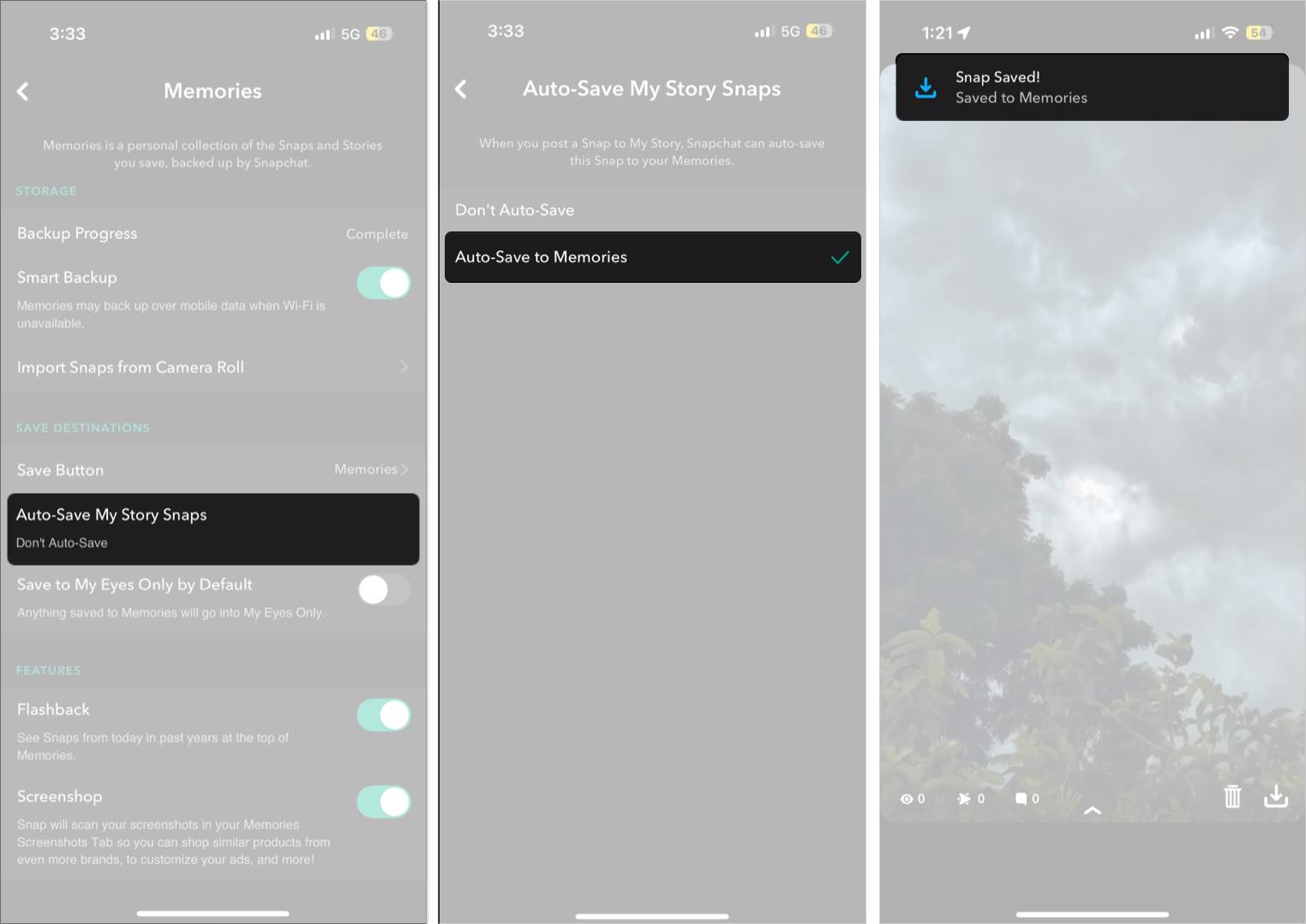 Save snaps to memories automatically on Snapchat