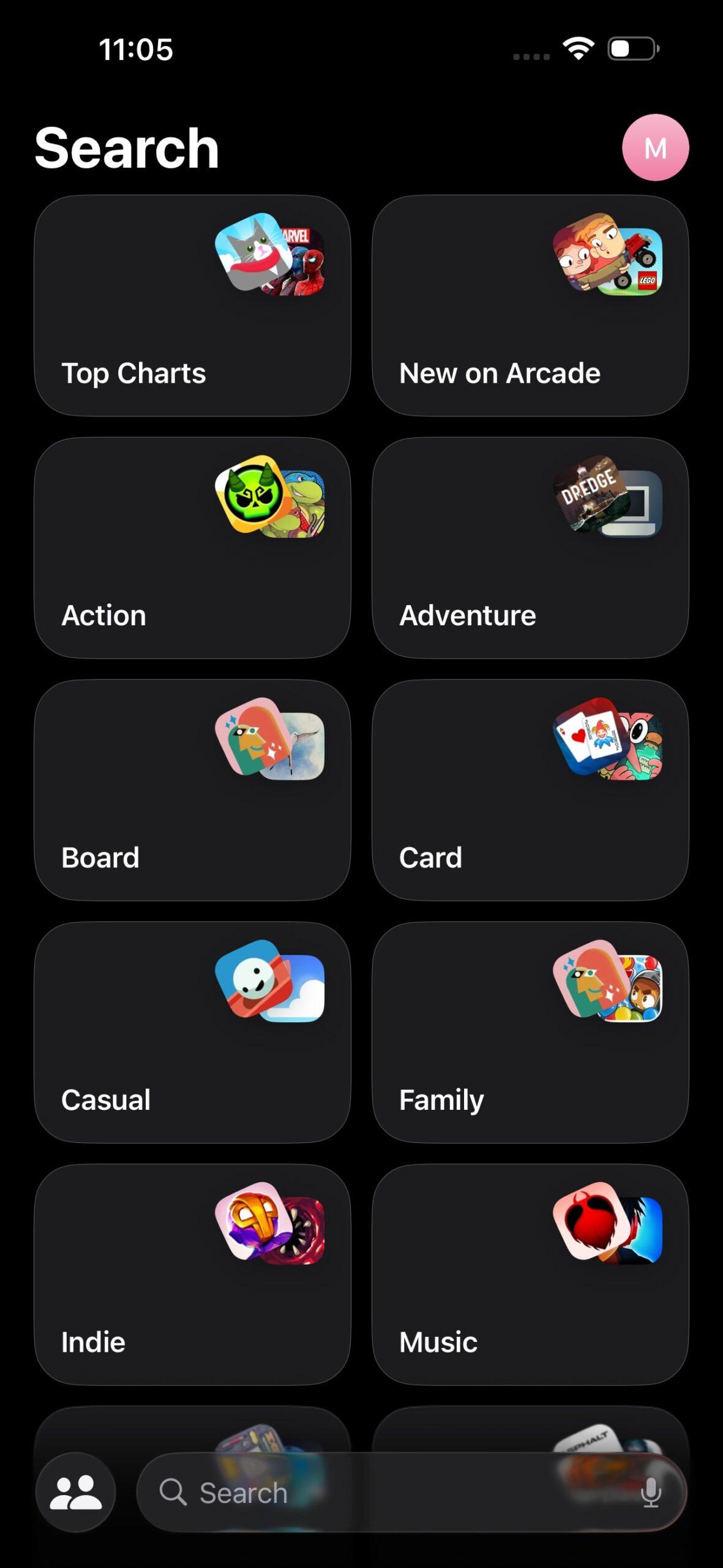 Search tab in games app on iOS 26